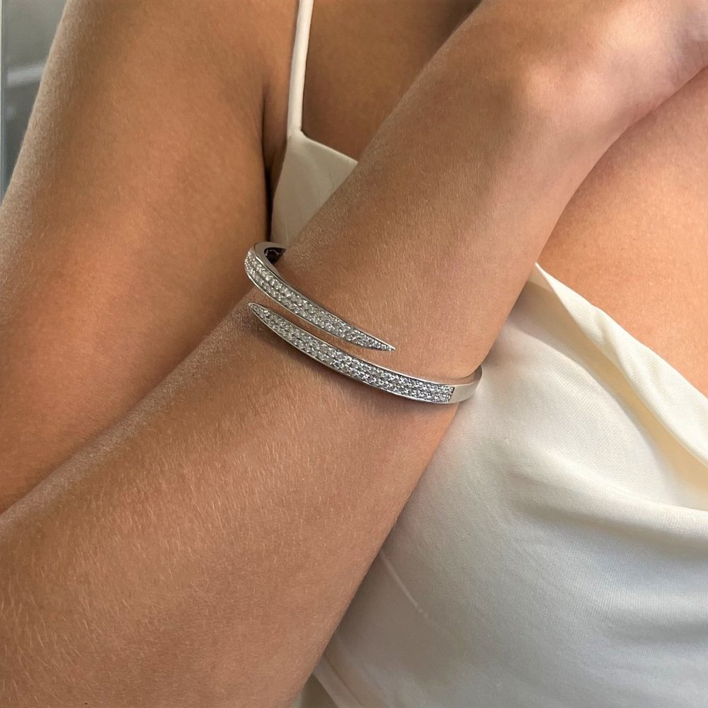 Rachel Koen Pave Set Round Cut Diamond Bangle Bracelet 18K White Gold 2.99Cttw
